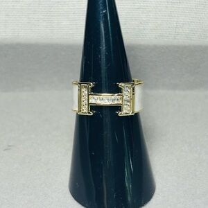 H Ring with Gold Tone White Enamel and Rhinestone Accents Size 6